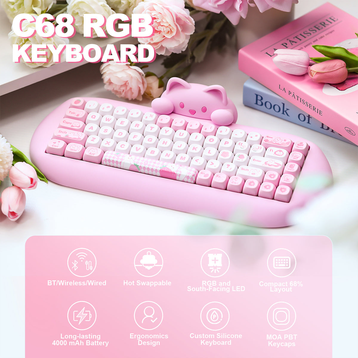 YUNZII C68 Meow Bluetooth Wireless Mechanical Cat Keyboard Milk Switch