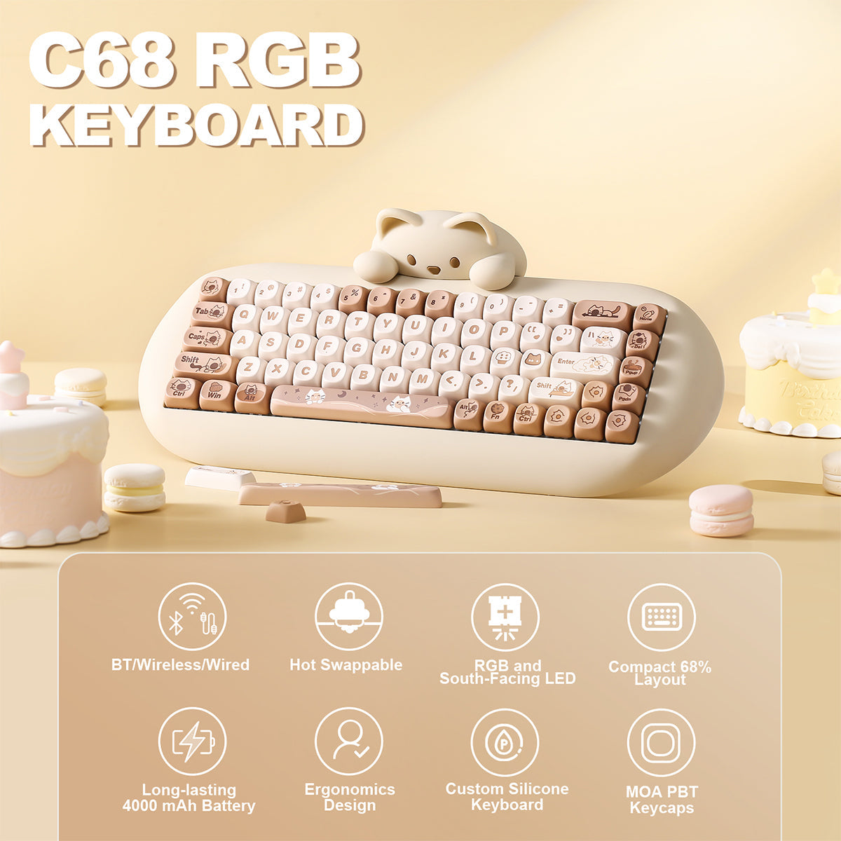 YUNZII C68 Meow Bluetooth Wireless Mechanical Cat Keyboard Milk Switch