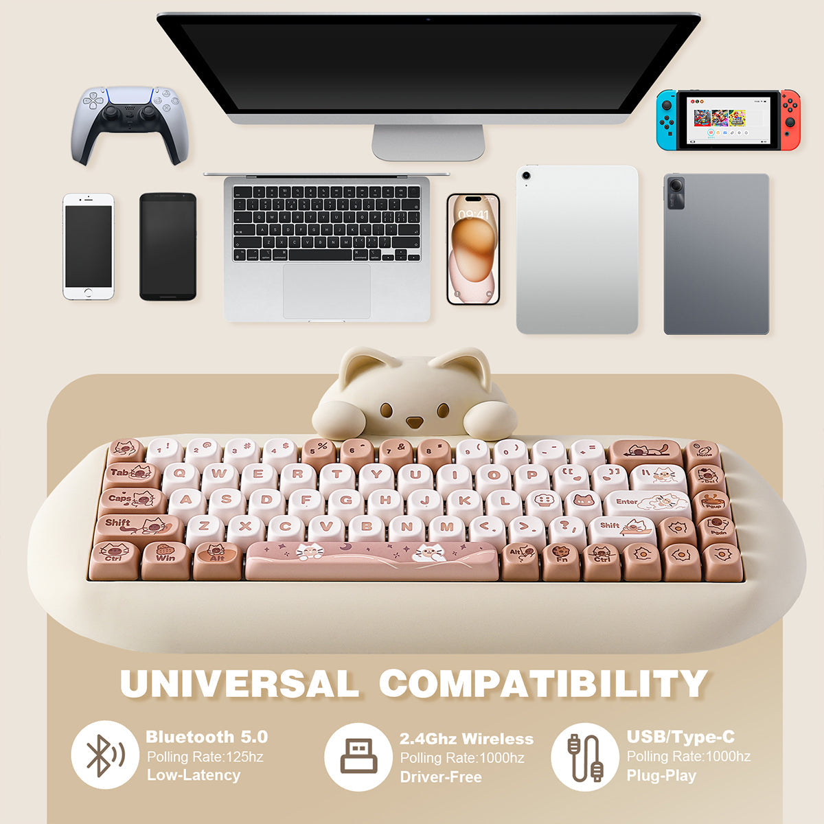 YUNZII C68 Meow Bluetooth Wireless Mechanical Cat Keyboard Milk Switch