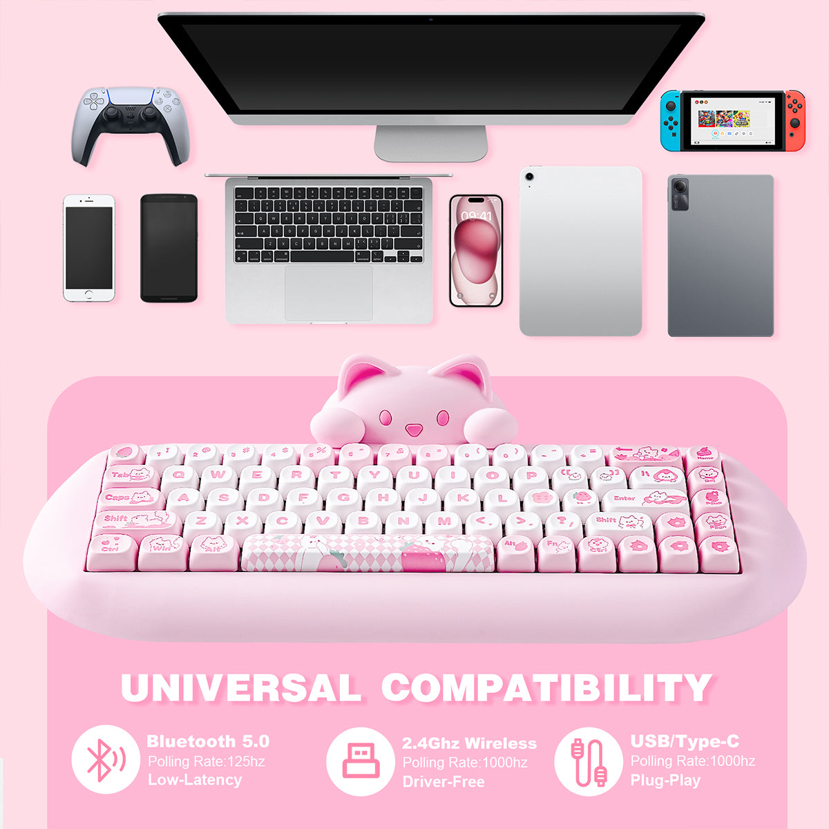 YUNZII C68 Meow Bluetooth Wireless Mechanical Cat Keyboard Milk Switch